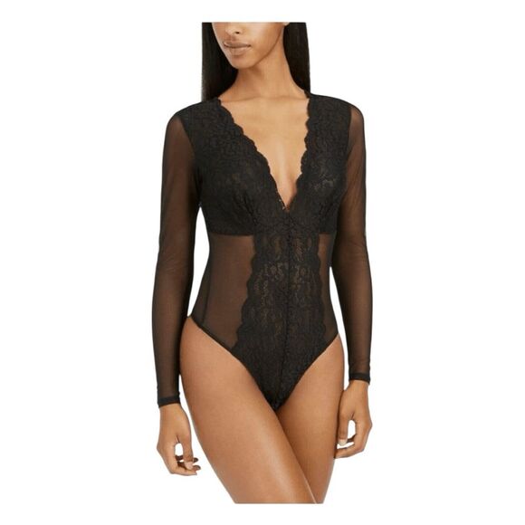 INC International Concepts Long-Sleeve Lace Mesh Bodysuit Deep Black M - Picture 1 of 9